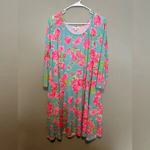 Simply Southern Floral Rose Pattern Blue‎ Pink Pockets Dress Women’s Size Large